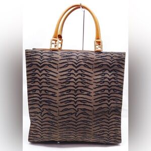Fendi Tiger Stripe Tobacco Canvas Tote Bag